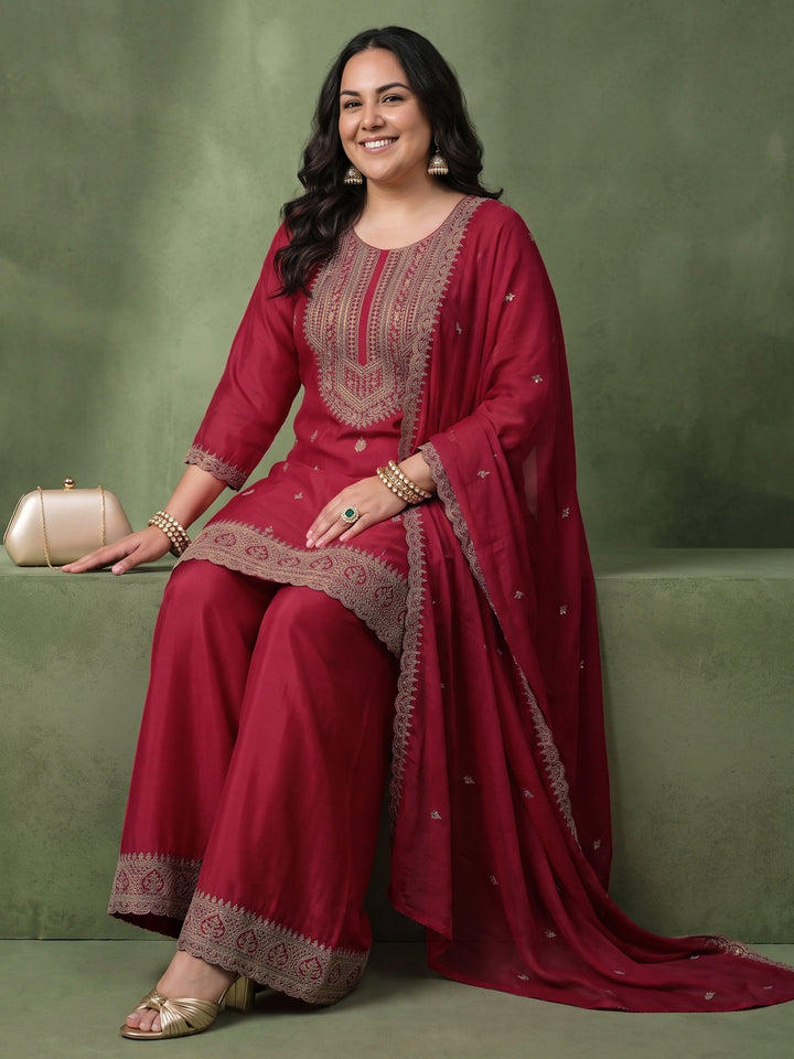Plus Size Red Ethnic Embroidered Chinon Palazzo Suit Set
