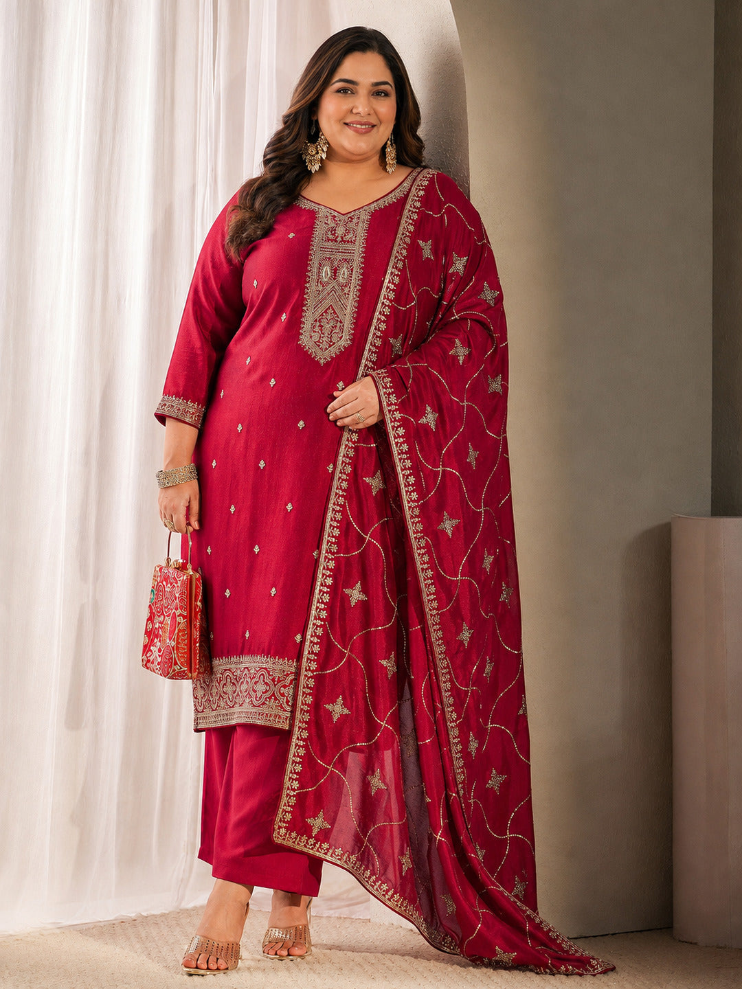 Plus Size Red Ethnic Embroidered Silk Blend Straight Suit Set With Dupatta