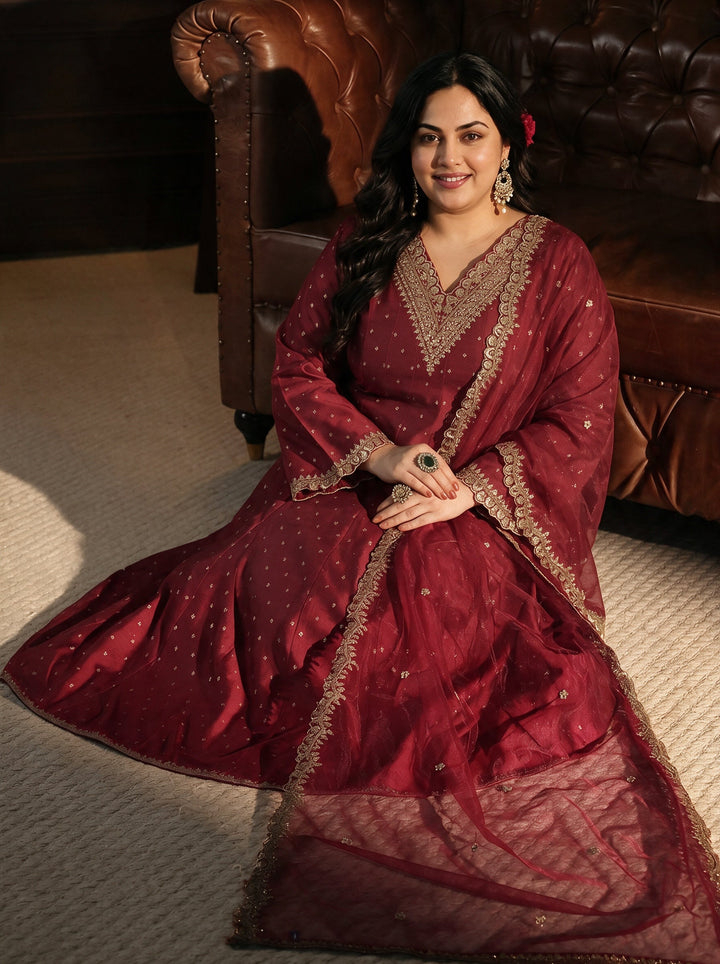 Plus Size Red Ethnic Motif Woven Design Silk Blend Anarkali Suit Set