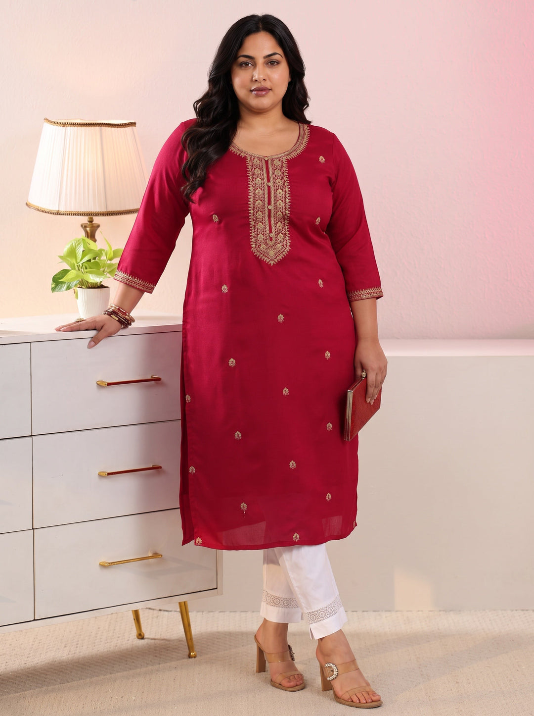 Plus Size Red Floral Embroidered Silk Blend Straight Kurta