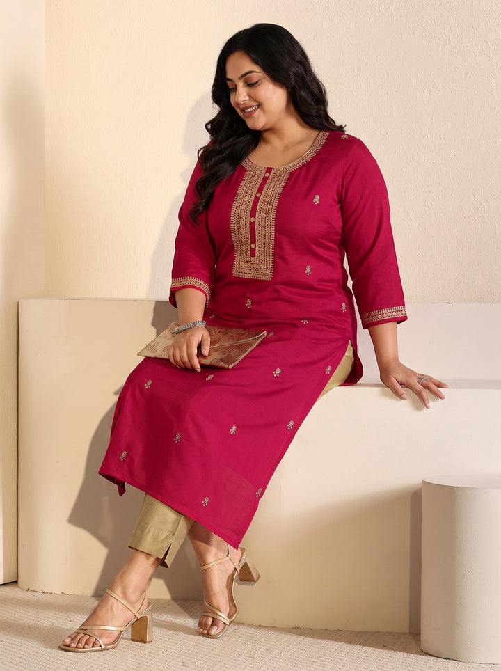 Plus Size Red Floral Embroidered Silk Blend Straight Kurta
