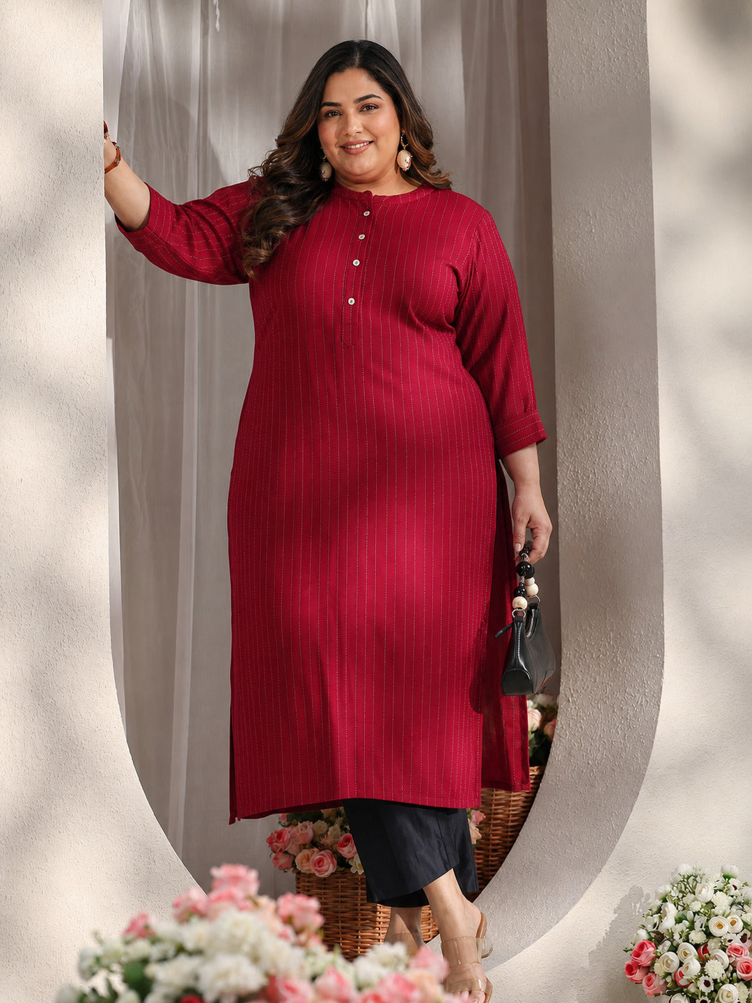 Plus Size Red Striped Woven Design Rayon Straight Kurta