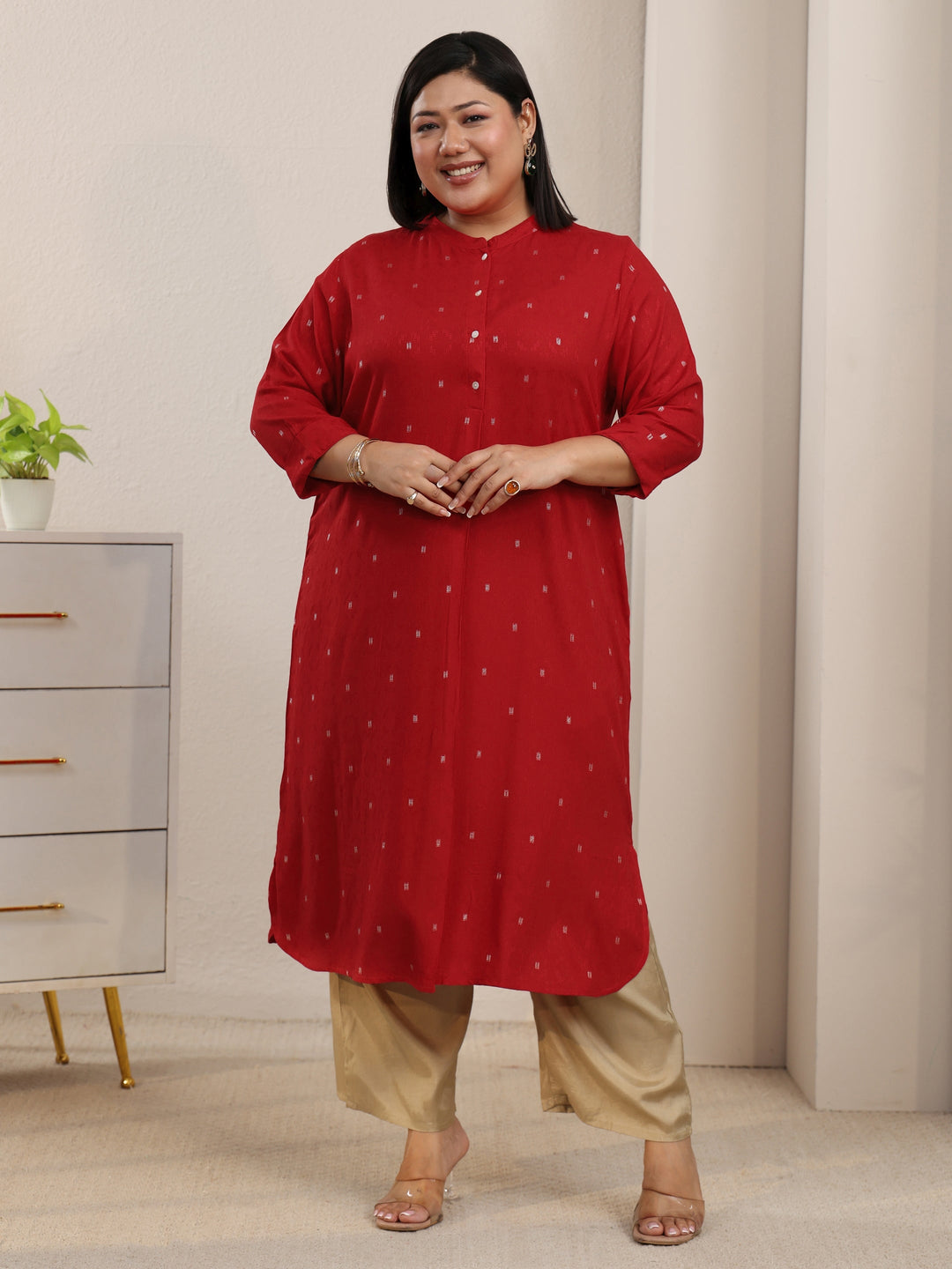 Plus Size Red Woven Design Rayon Straight Kurta