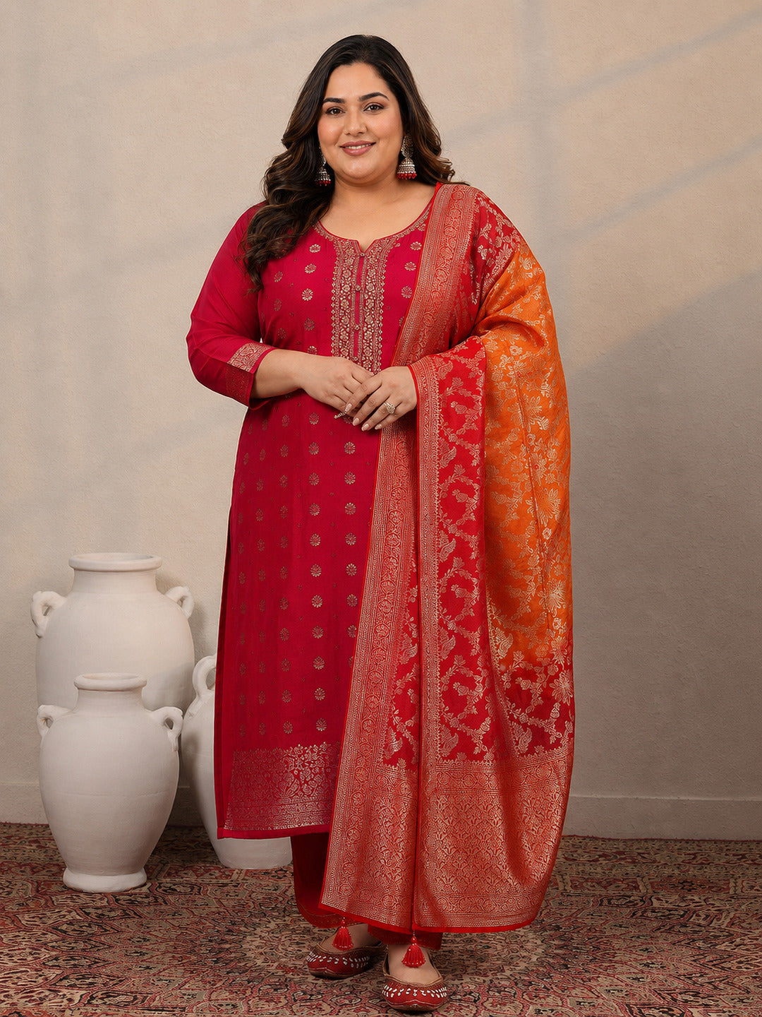 Plus Size Red Woven Design Silk Blend Straight Suit Set With Dupatta