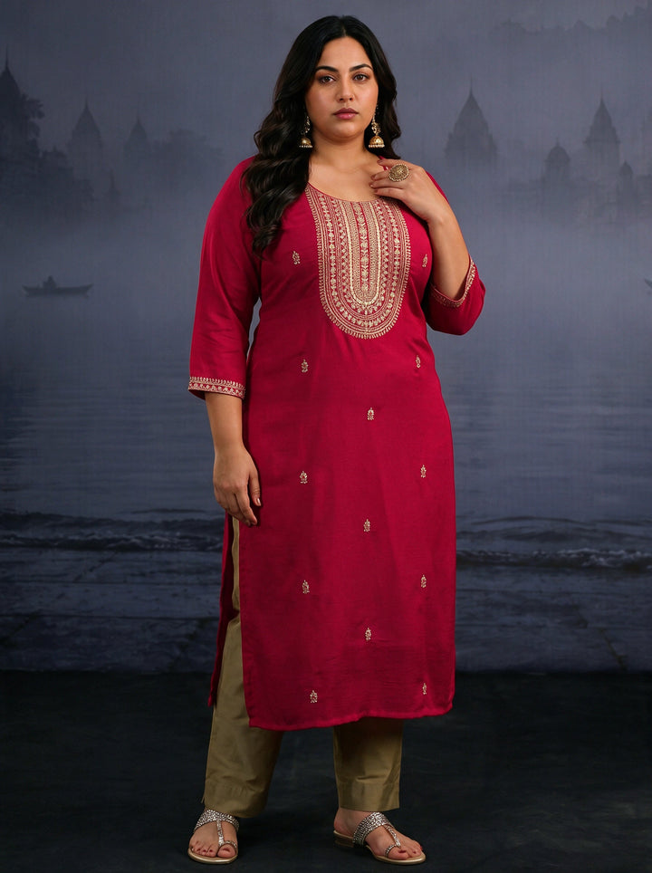 Plus Size Red Yoke Design Embroidered Silk Blend Straight Kurta