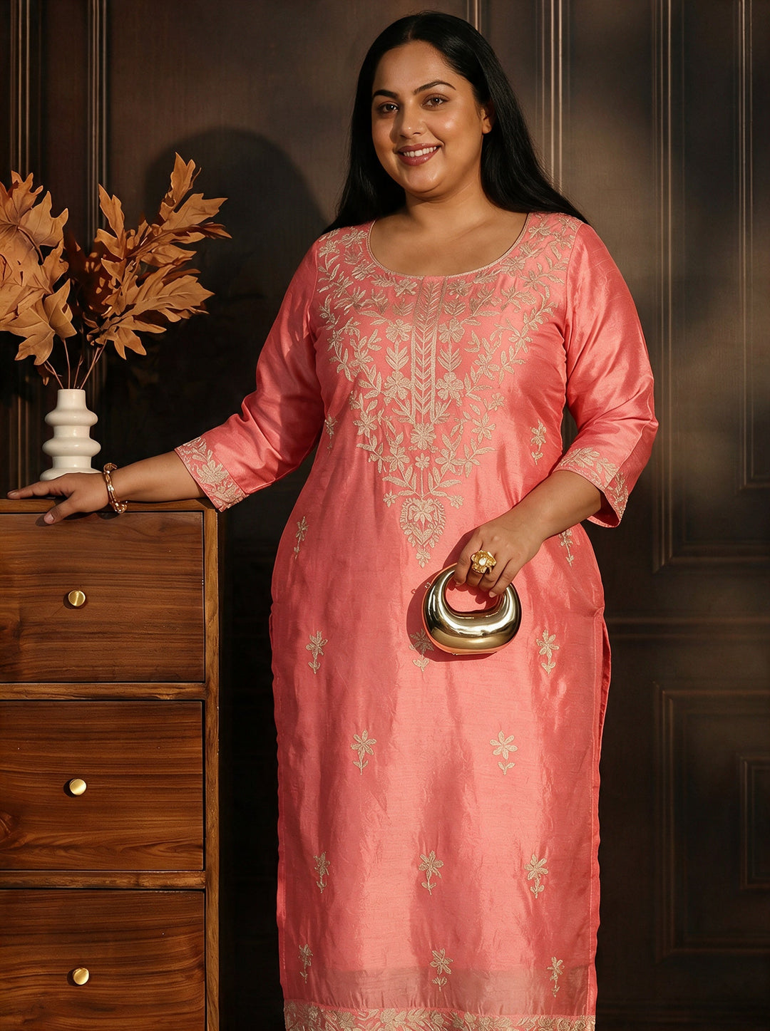 Plus Size Rose Pink Floral Embroidered Silk Blend Straight Kurta