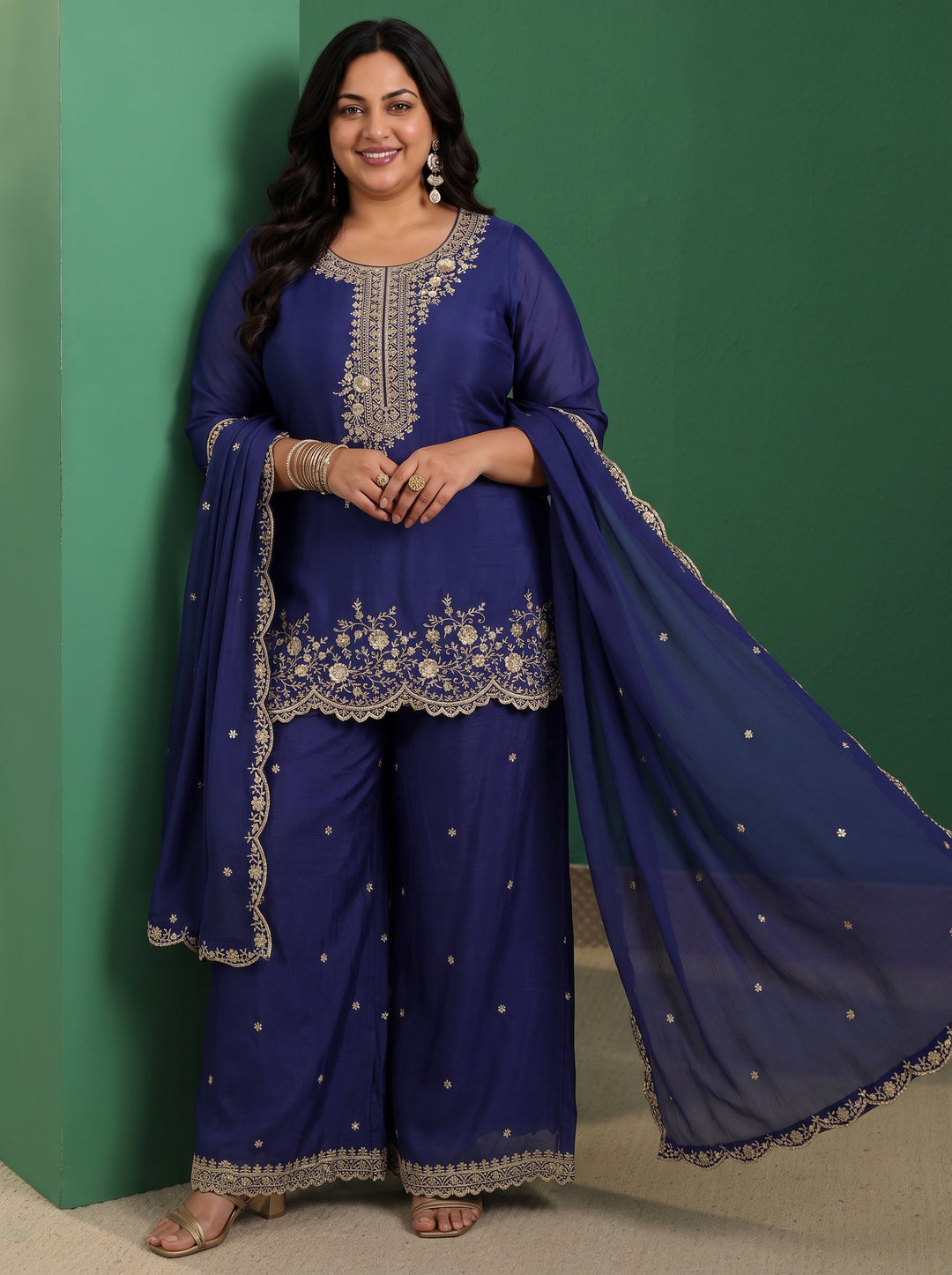 Plus Size Royal Blue Floral Embellished Chinon Palazzo Suit Set