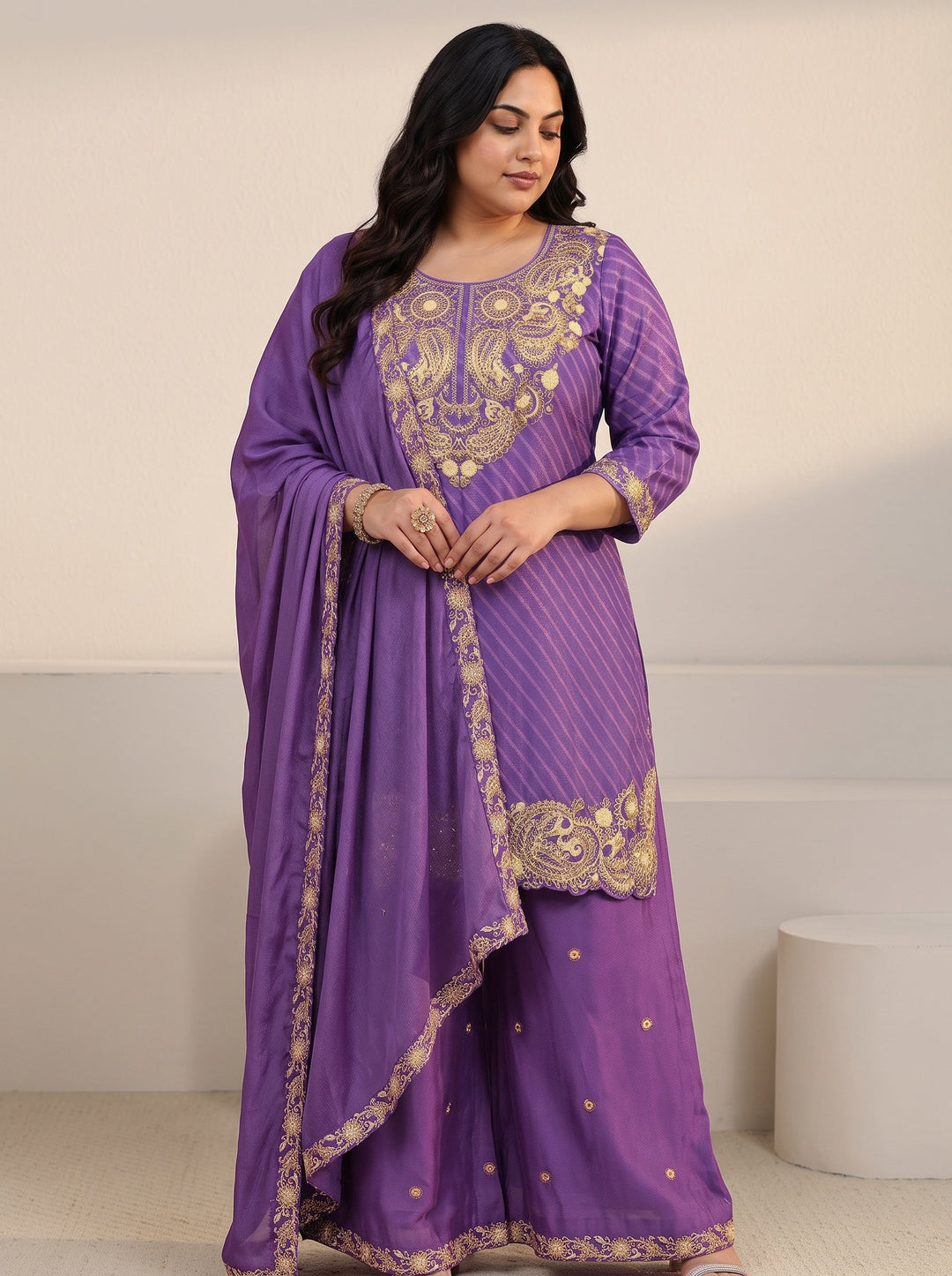 Plus Size Royal Purple Leheriya Yoke Embroidered Chinon Palazzo Suit Set
