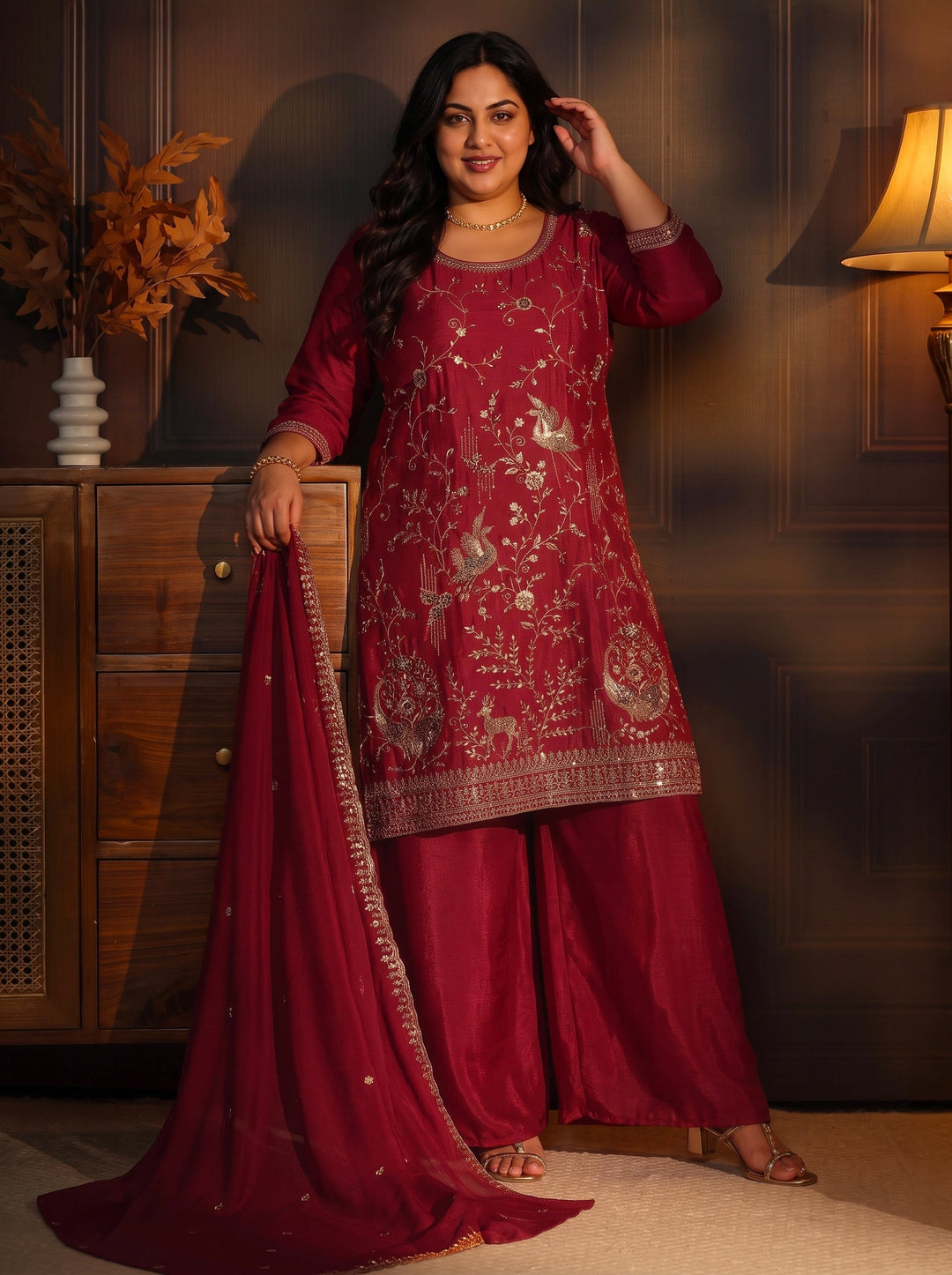 Plus Size Ruby Red Floral Embroidered Chinon Palazzo Suit Set