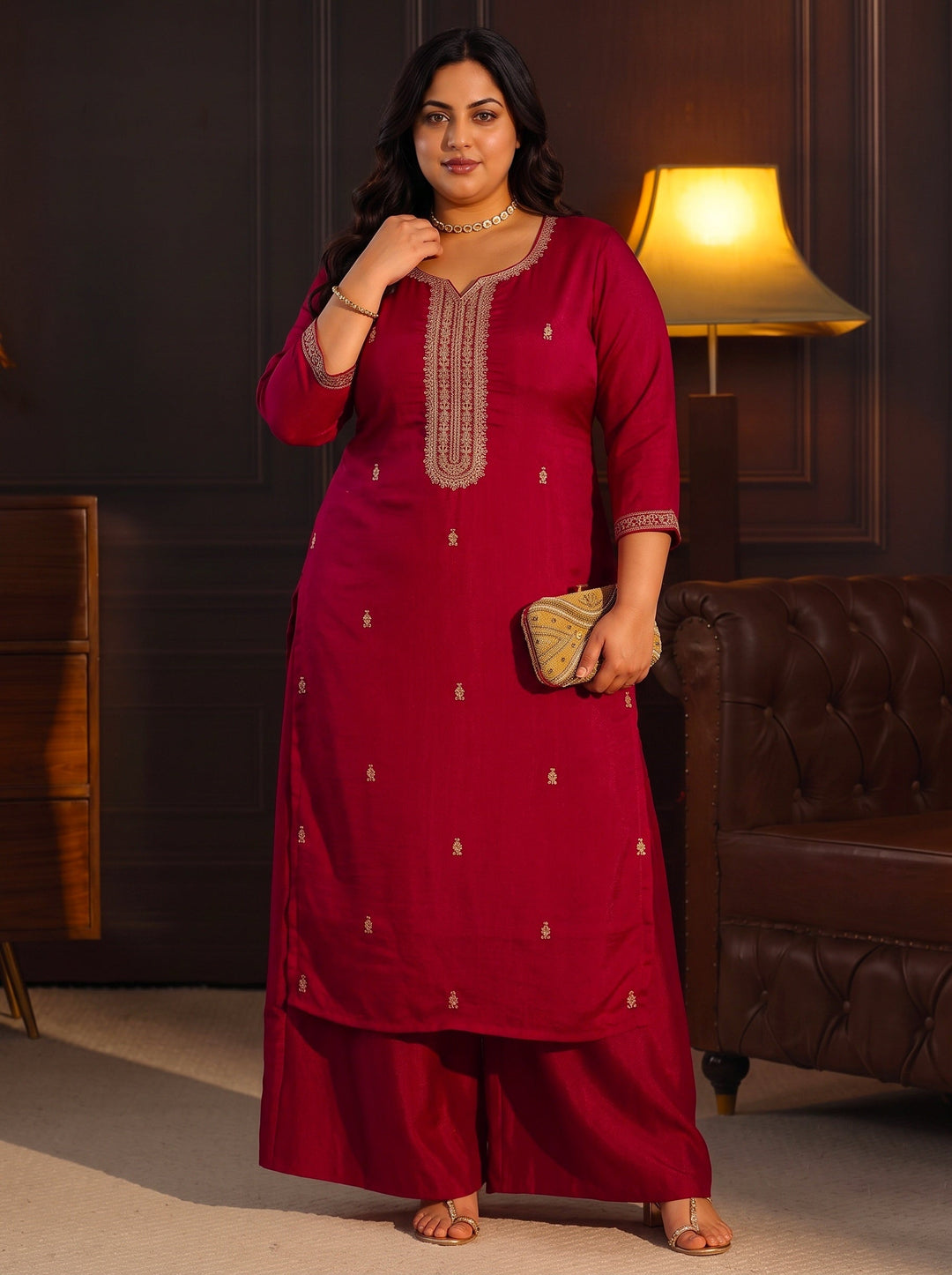 Plus Size Ruby Red Yoke Embroidered Silk Blend Straight Kurta