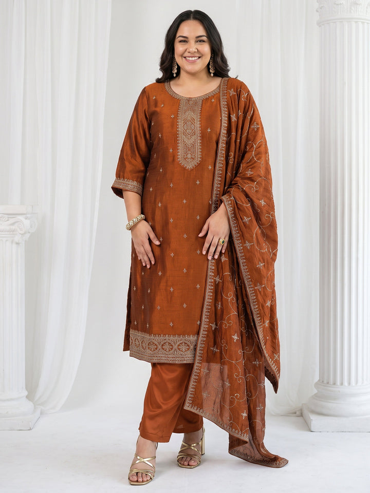 Plus Size Rust Brown Embroidered Silk Blend Straight Suit Set