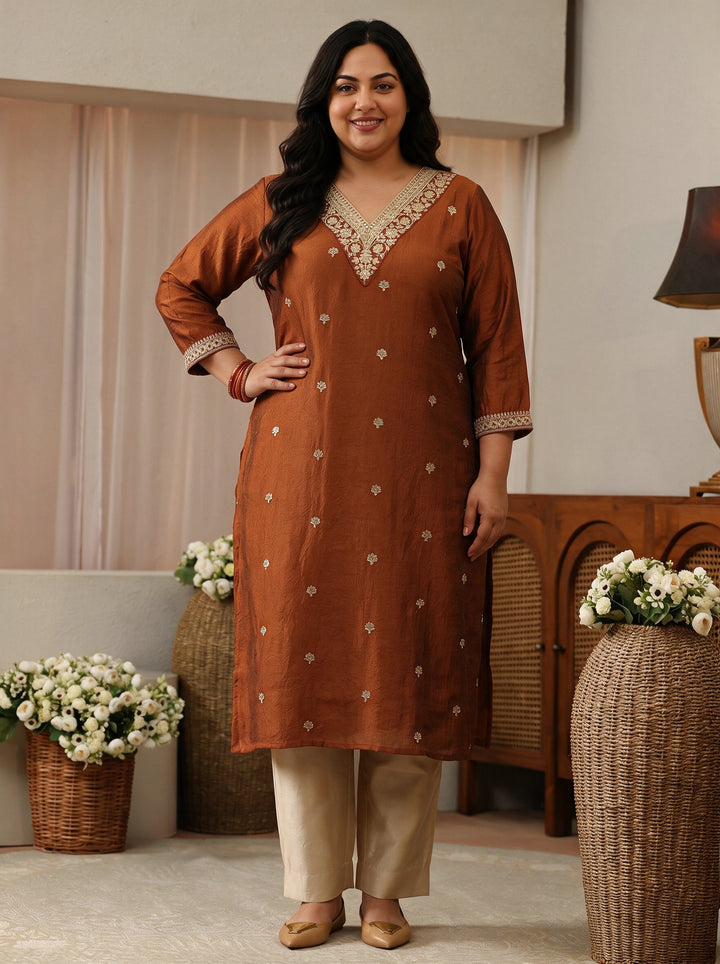 Plus Size Rust Brown Floral Embroidered Silk Blend Straight Kurta
