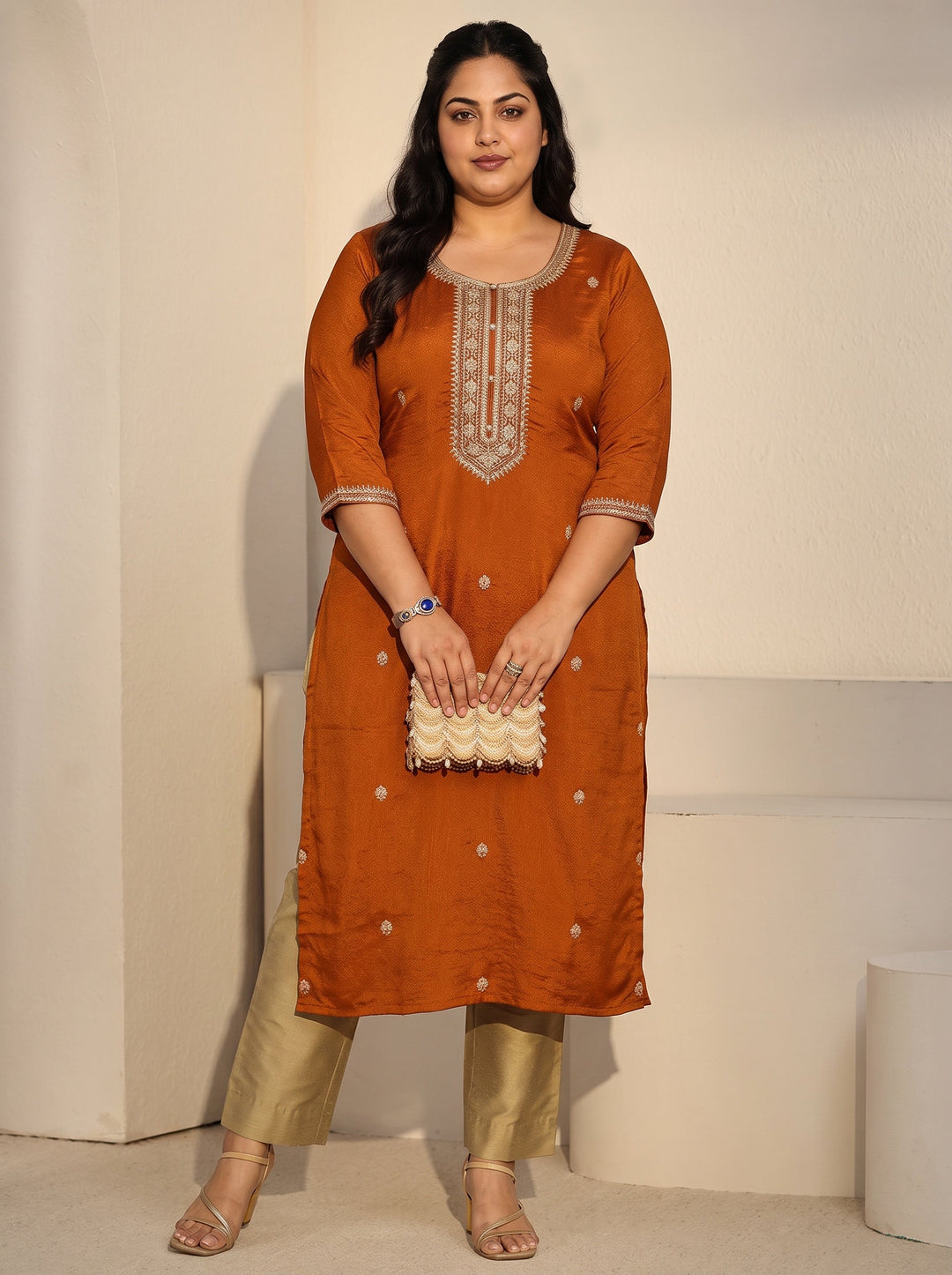 Plus Size Rust Brown Floral Embroidered Silk Blend Straight Kurta
