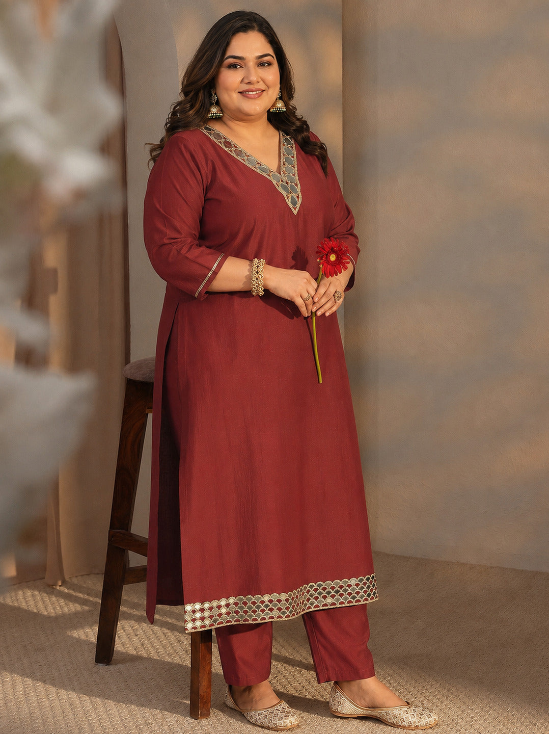 Plus Size Rust Embellished Silk Blend Straight Kurta Set