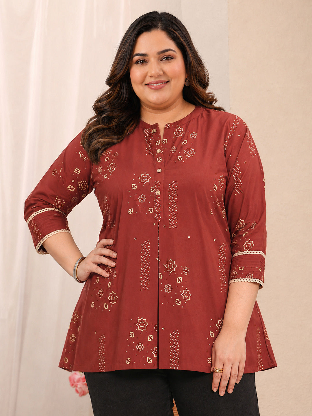 Plus Size Rust Ethnic Printed Cotton Straight Short Kurti