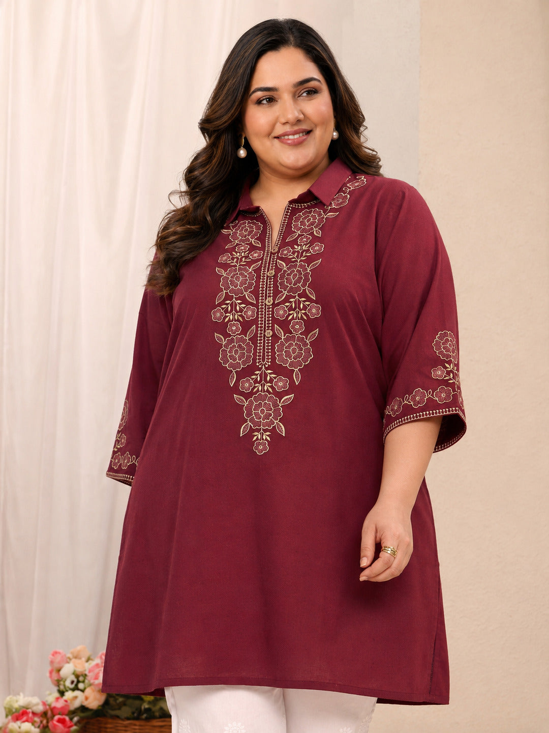 Plus Size Rust Floral Embroidered Cotton Straight Short Kurti
