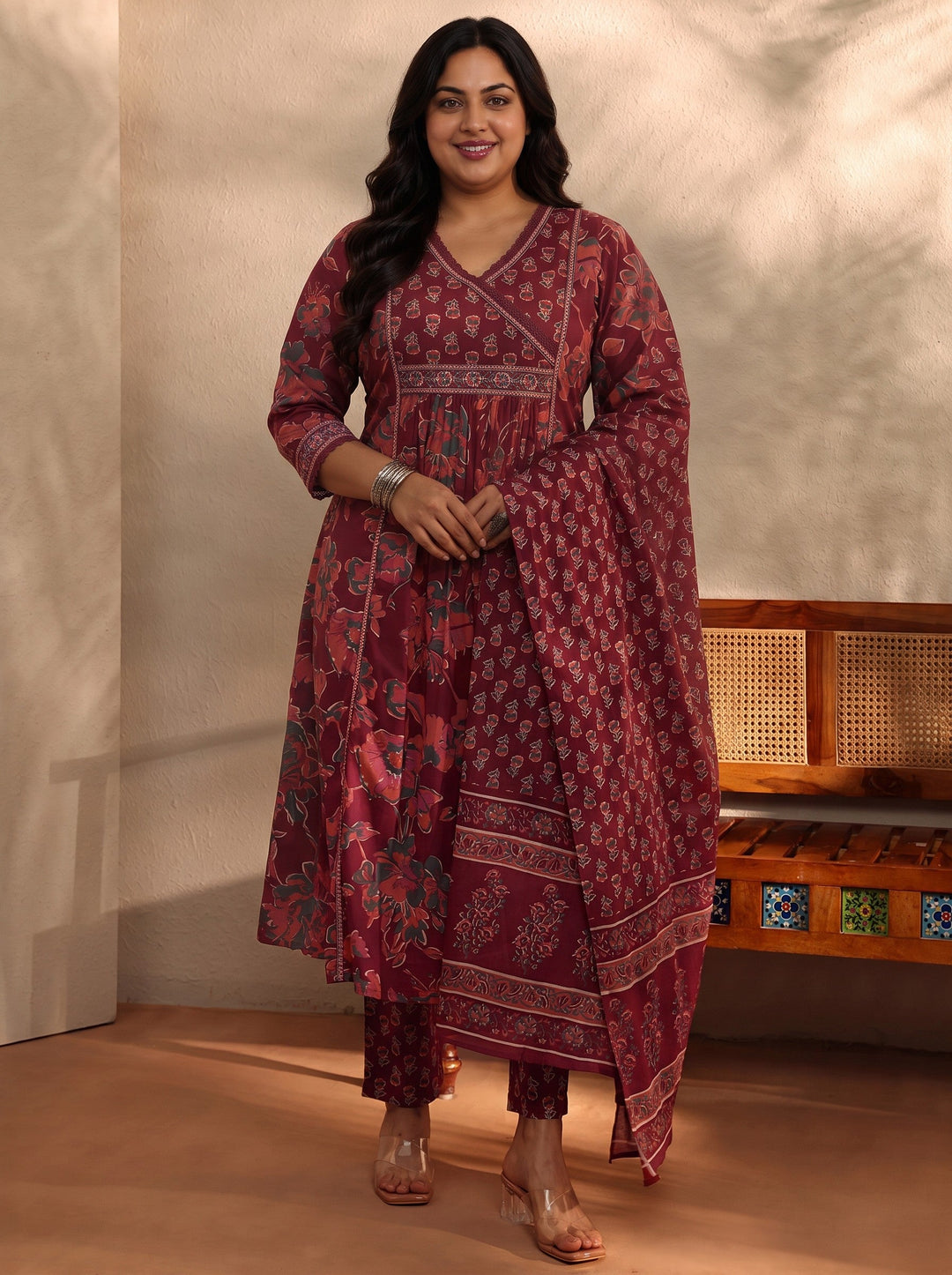 Plus Size Rust Floral Printed Cotton Blend A-Line Suit Set With Dupatta