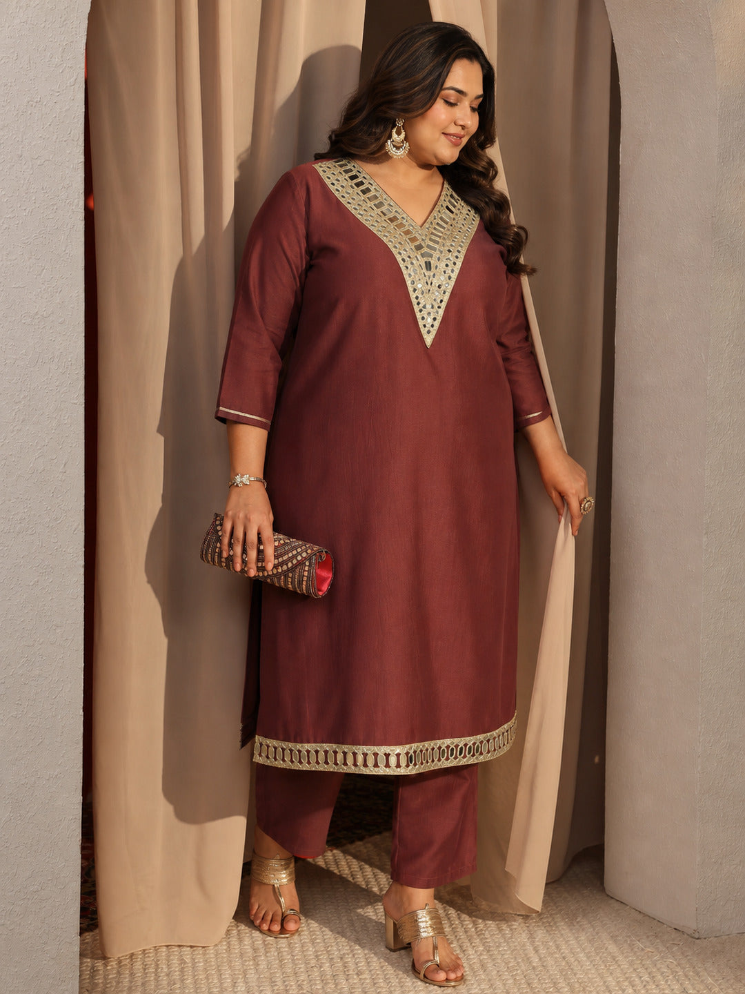 Plus Size Rust Mirror Work Yoke Design Silk Blend Straight Kurta Set
