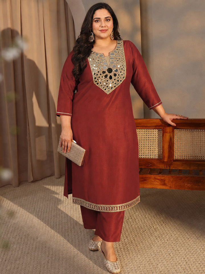 Plus Size Rust Mirror Work Yoke Design Silk Blend Straight Kurta Set