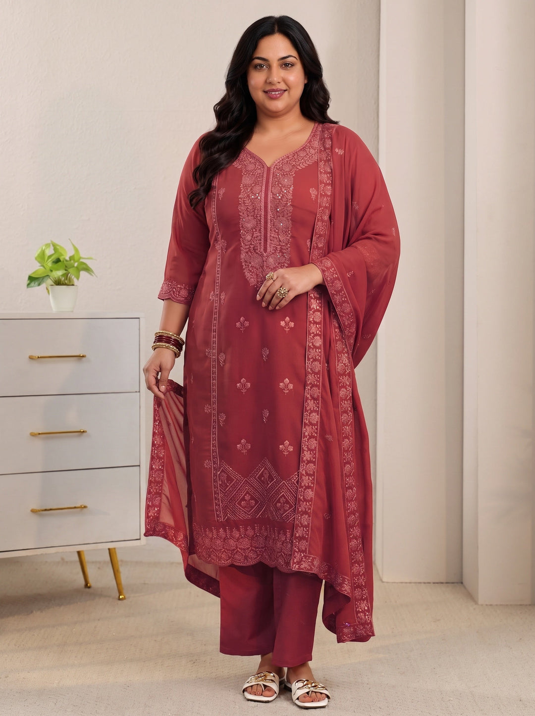 Plus Size Rust Red Floral Embroidered Georgette Straight Suit Set