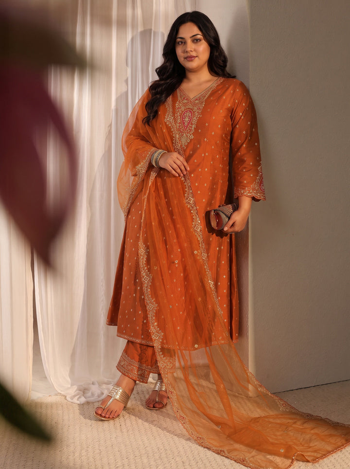Plus Size Rust Woven Design Silk Blend A-Line Suit Set With Dupatta