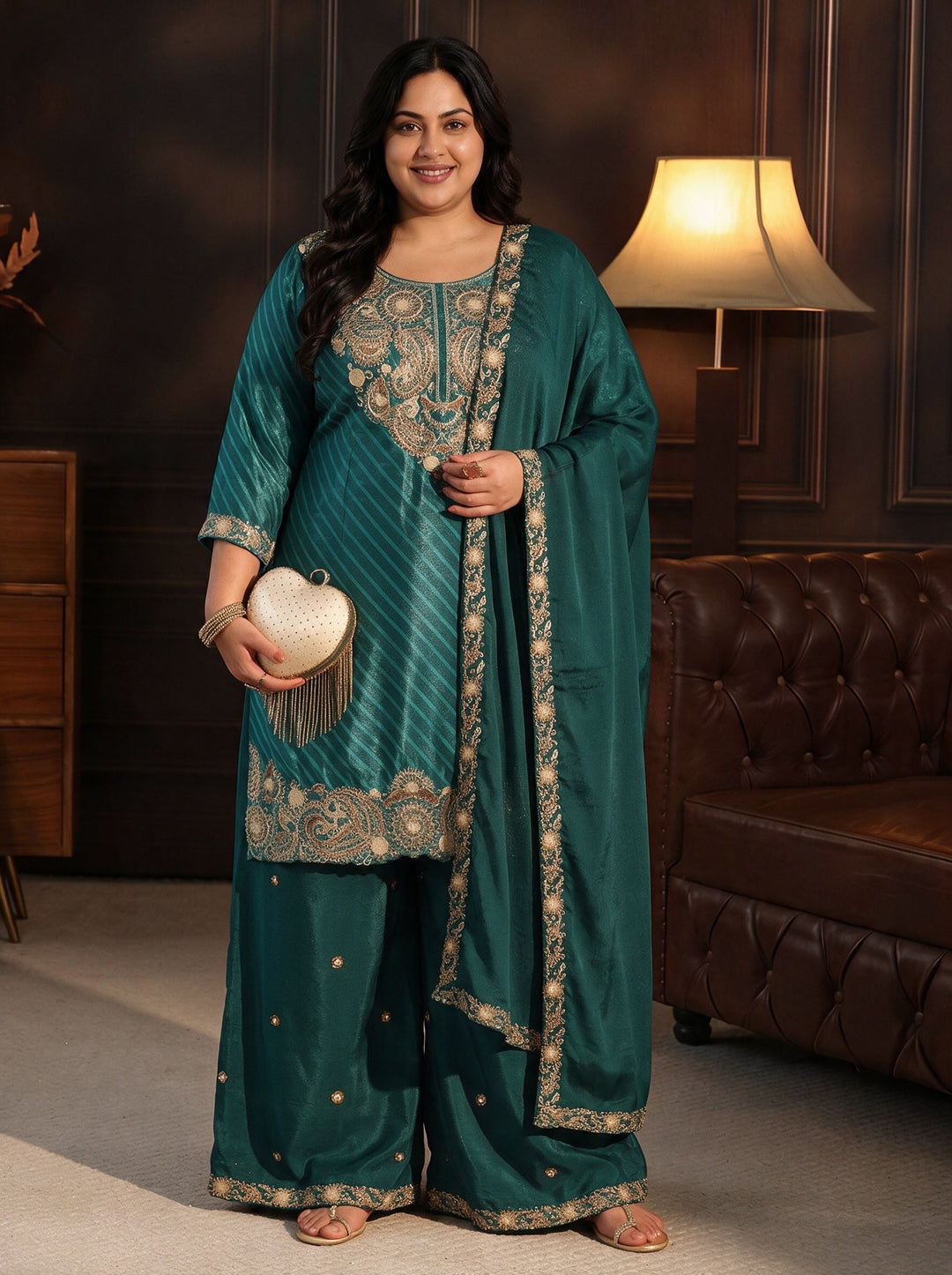 Plus Size Sacramento Green Paisley Embellished Chinon Palazzo Suit Set