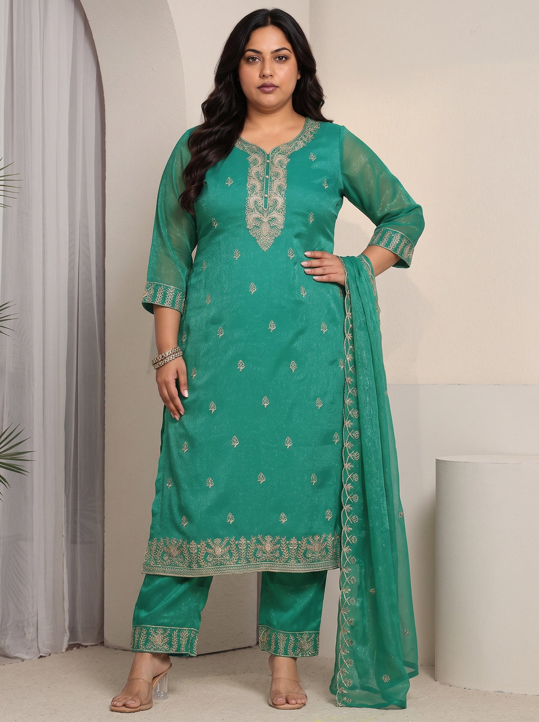 Plus Size Sea Green Floral Embroidered Chinon Straight Suit Set
