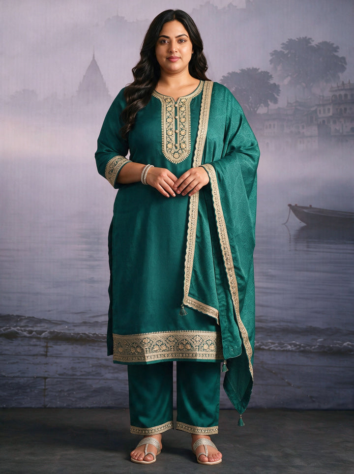 Plus Size Sea Green Yoke Design Chinon Straight Suit Set