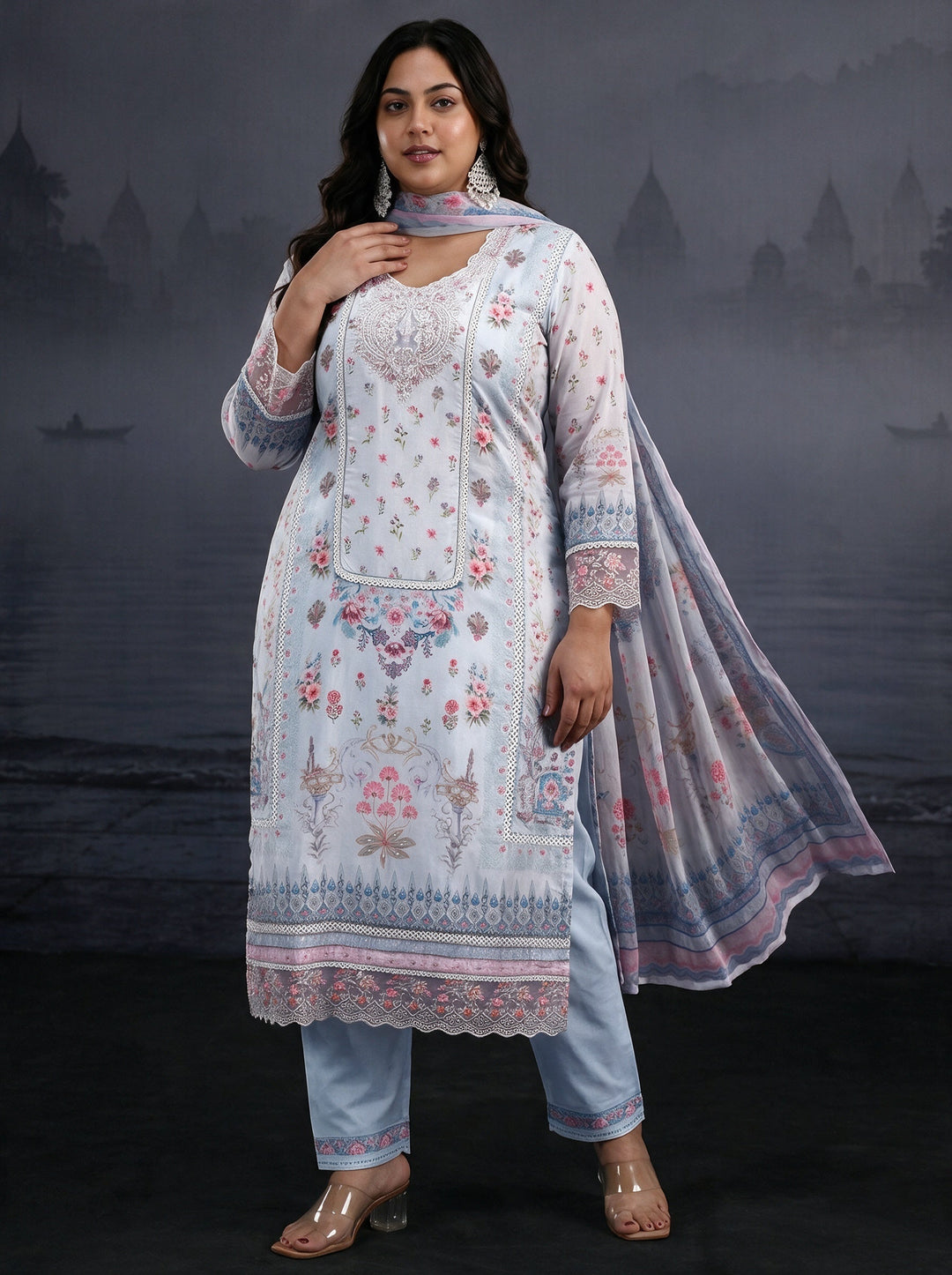 Plus Size Sky Blue Floral Printed Crepe Straight Suit Set