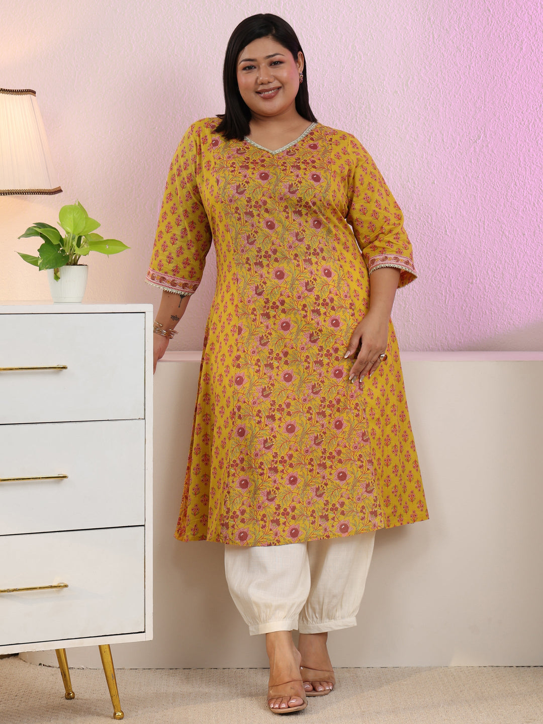 Plus Size Sunshine Yellow Floral Printed Cotton A-Line Kurta