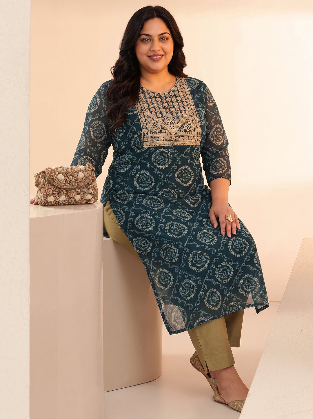 Plus Size Teal Blue Bandhani Printed Chiffon Straight Kurta