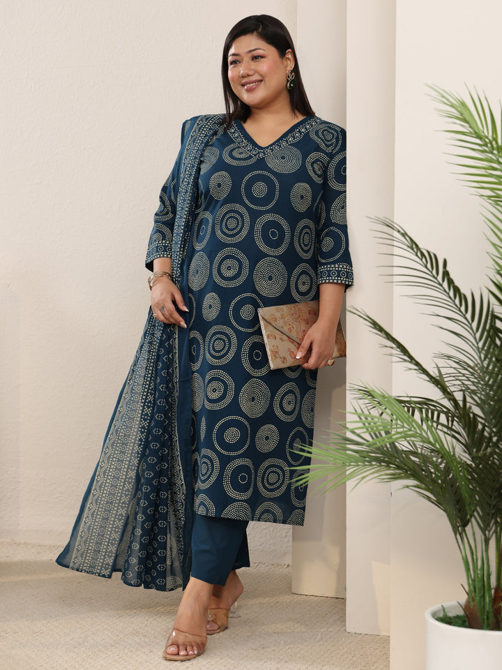 Plus Size Teal Blue Circular Print Cotton Straight Suit Set