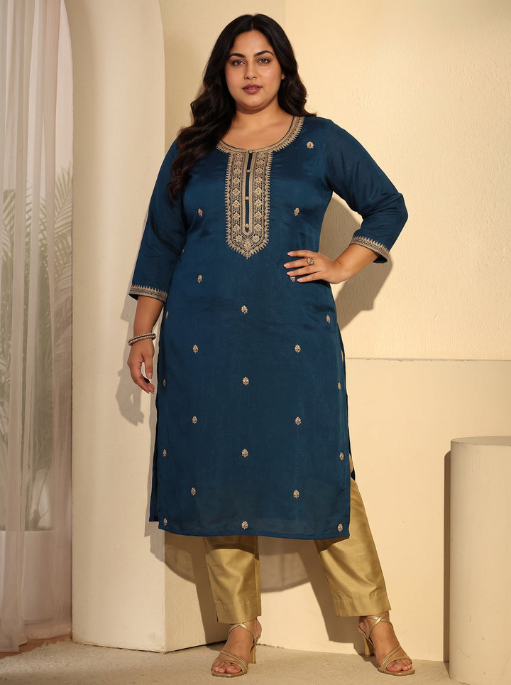 Plus Size Teal Blue Floral Embroidered Silk Blend Straight Kurta