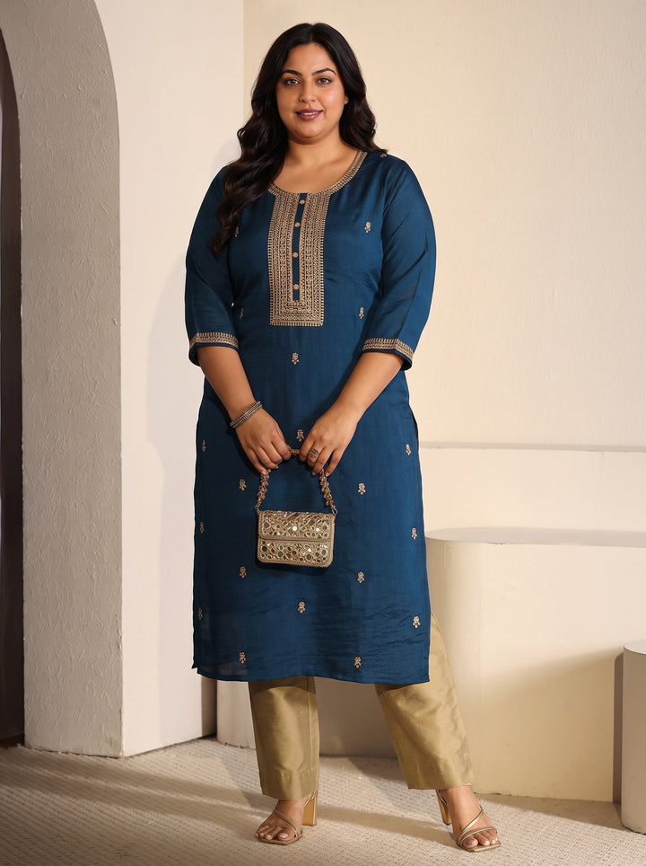 Plus Size Teal Blue Floral Embroidered Silk Blend Straight Kurta