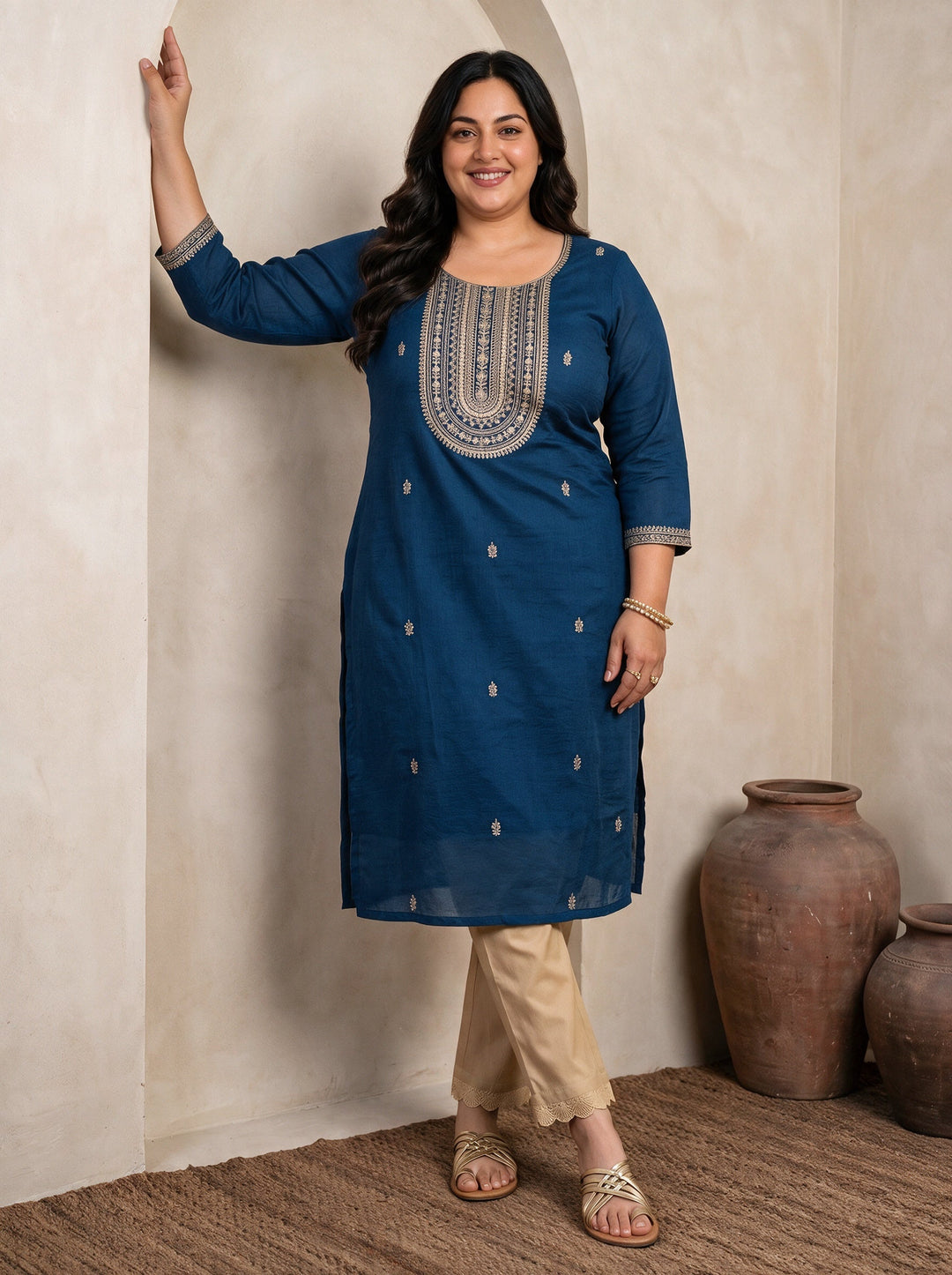 Plus Size Teal Blue Floral Embroidered Silk Blend Straight Kurta
