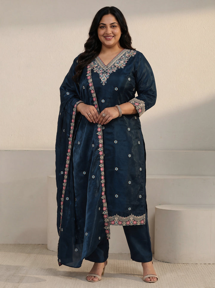 Plus Size Teal Blue Floral Embroidered Tissue Straight Suit Set