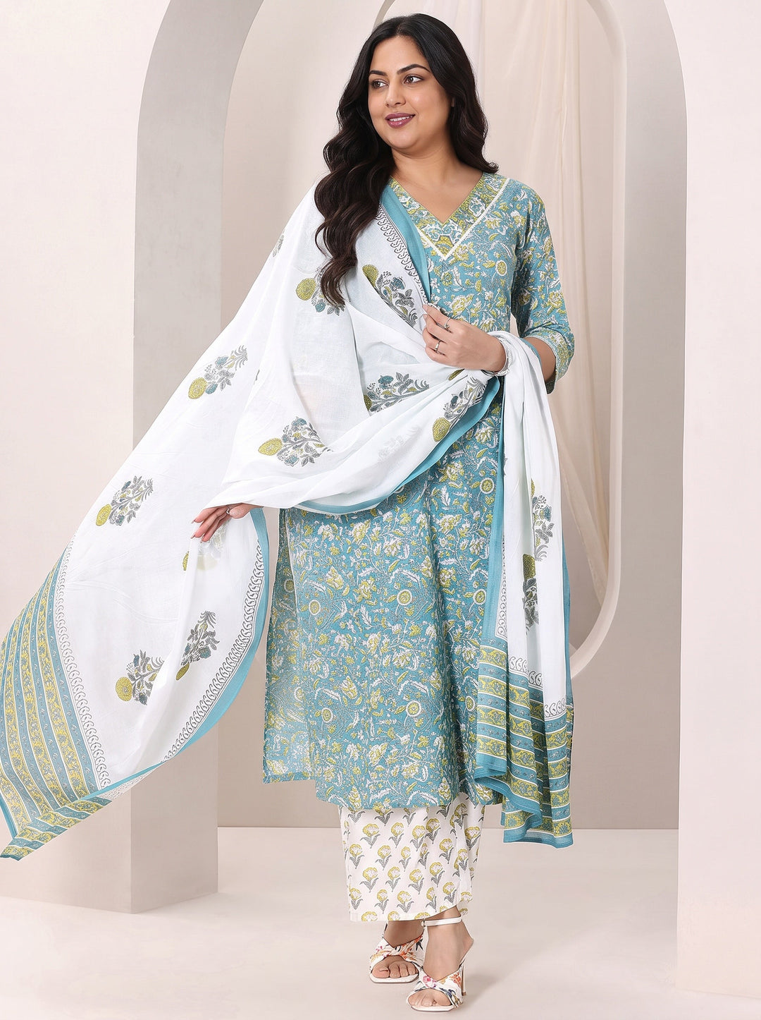 Plus Size Teal Blue Printed Cotton Straight Suit Set With Dupatta