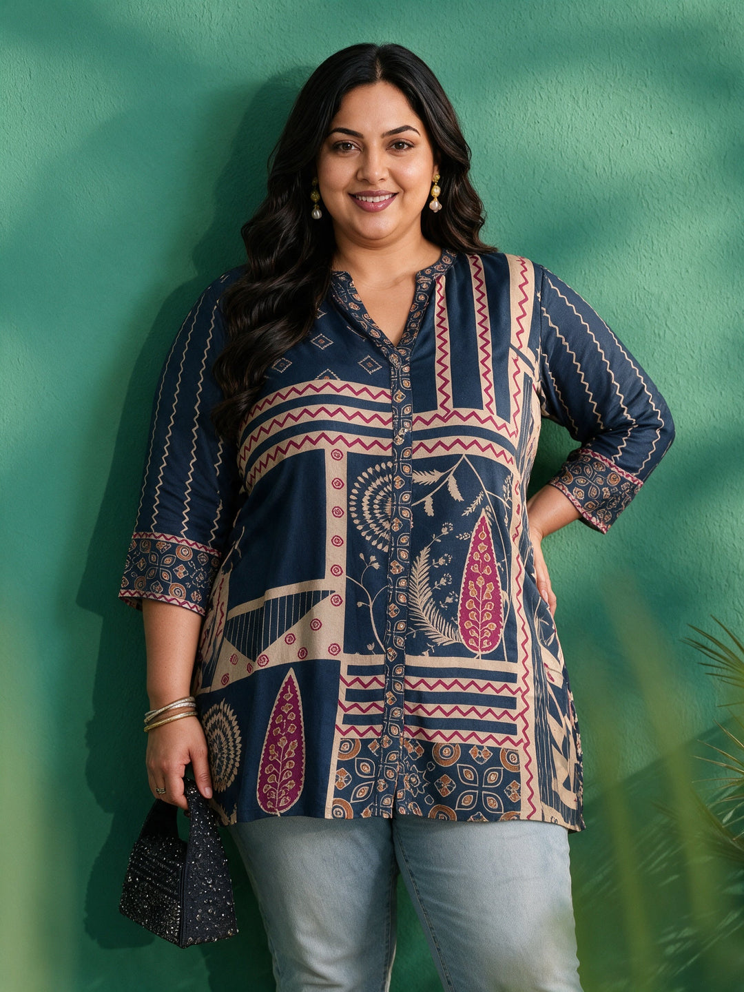 Plus Size Teal Blue Printed Muslin Short Kurti