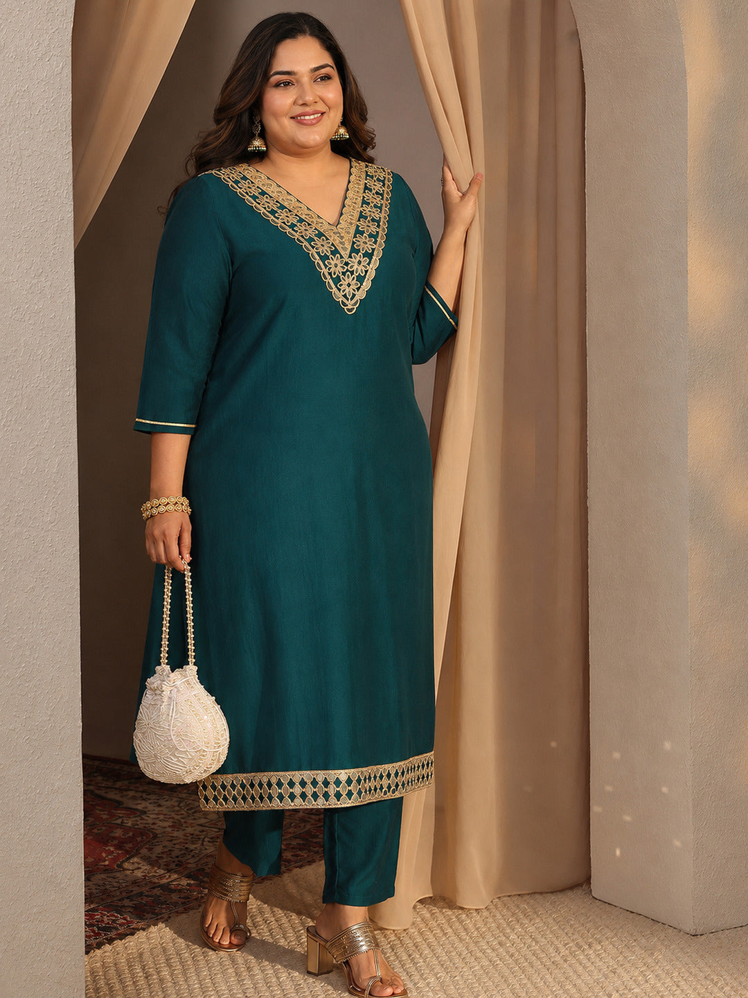 Plus Size Teal Embroidered Silk Blend Straight Kurta Set