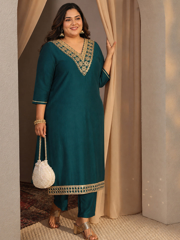 Plus Size Teal Embroidered Silk Blend Straight Kurta Set