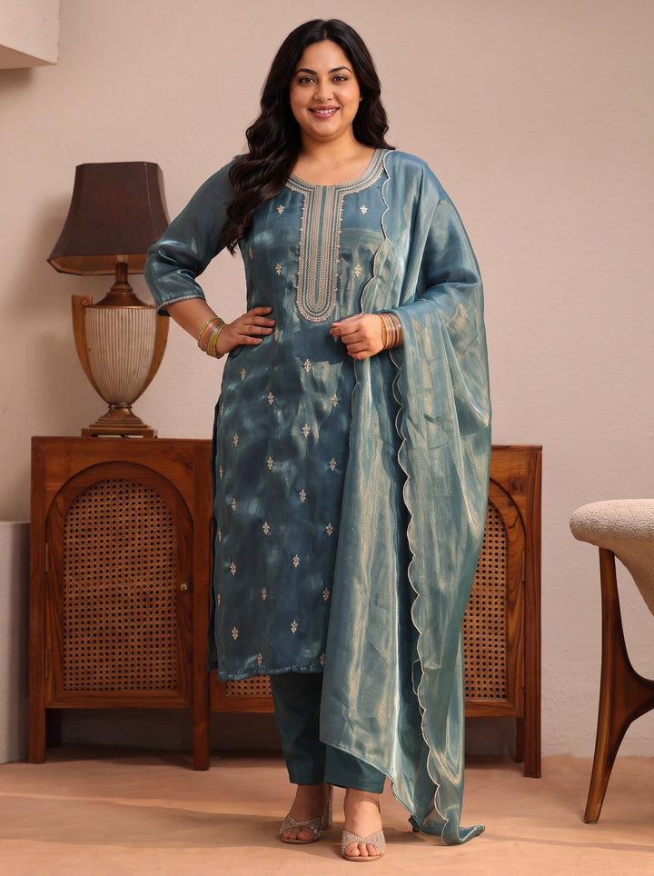 Plus Size Teal Ethnic Embroidered Tissue Straight Suit Set