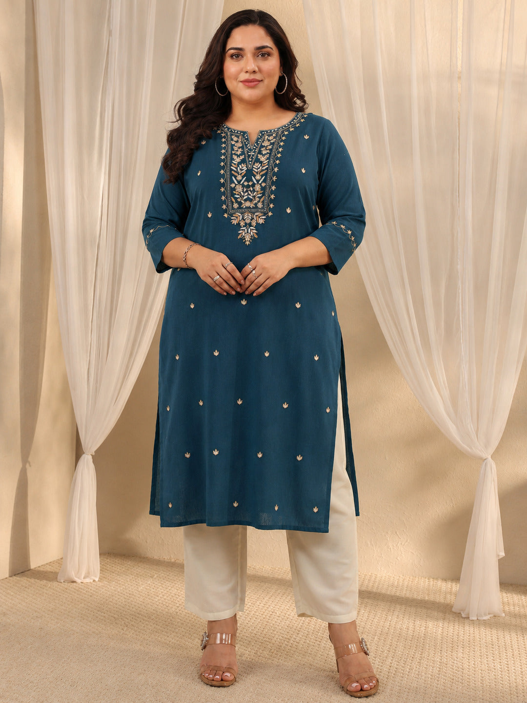 Plus Size Teal Ethnic Motif Embroidered Cotton Straight Kurta