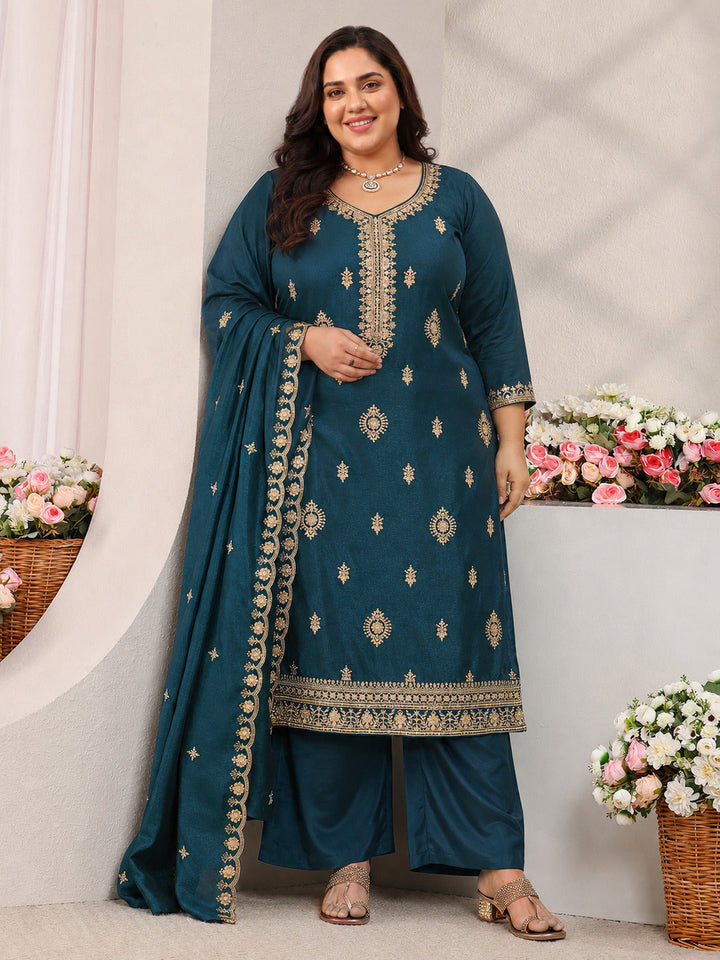 Plus Size Teal Ethnic Motifs Embroidered Silk Blend Straight Suit Set With Dupatta