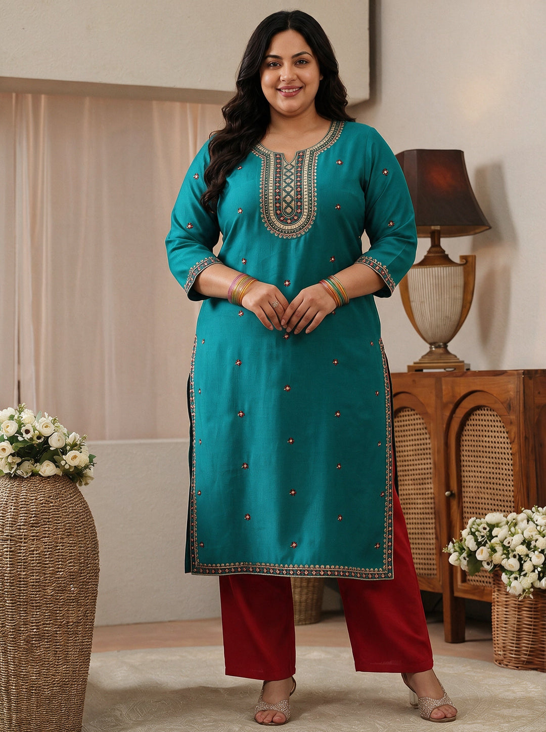 Plus Size Turquoise Embroidered Silk Blend Straight Kurta
