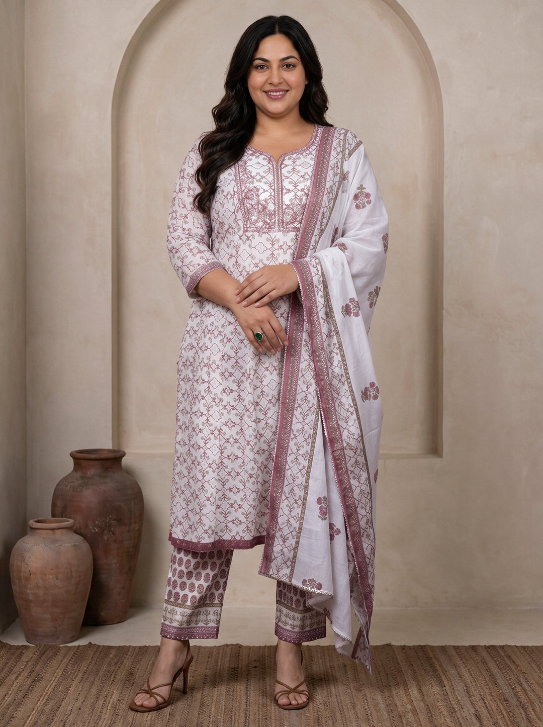 Plus Size White Floral Printed Cotton A-Line Suit Set