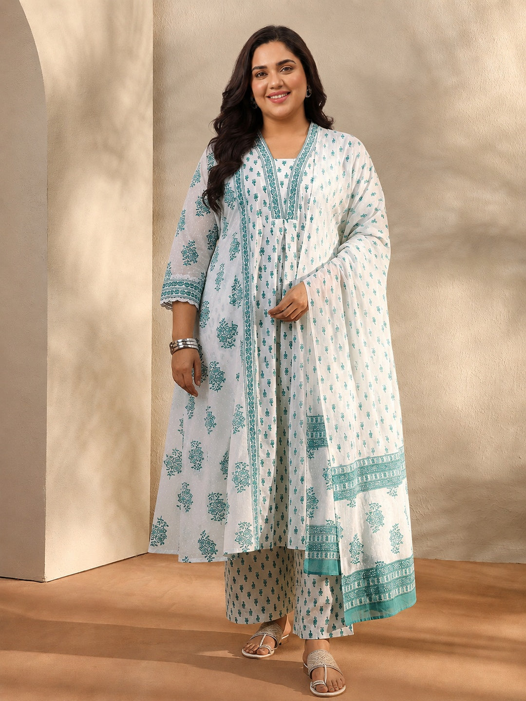 Plus Size White Floral Printed Cotton A-Line Suit Set With Dupatta