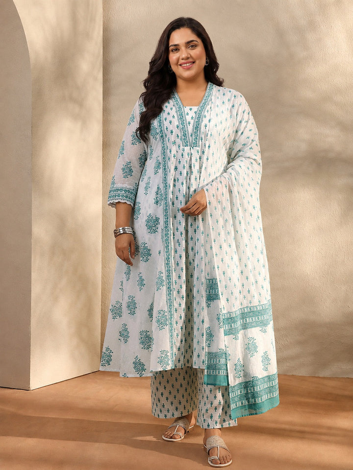 Plus Size White Floral Printed Cotton A-Line Suit Set With Dupatta