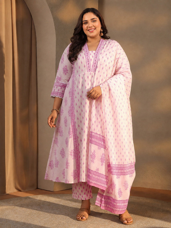 Plus Size White Floral Printed Cotton A-Line Suit Set With Dupatta