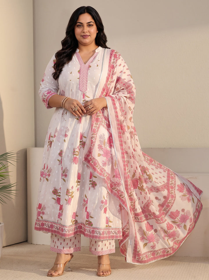 Plus Size White Floral Printed Cotton Anarkali Suit Set