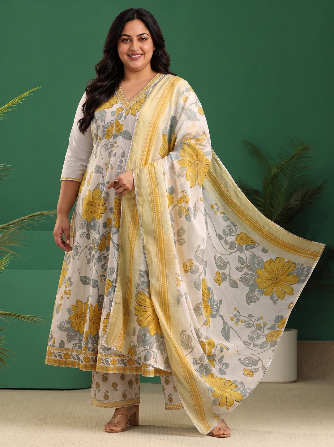 Plus Size White Floral Printed Cotton Anarkali Suit Set